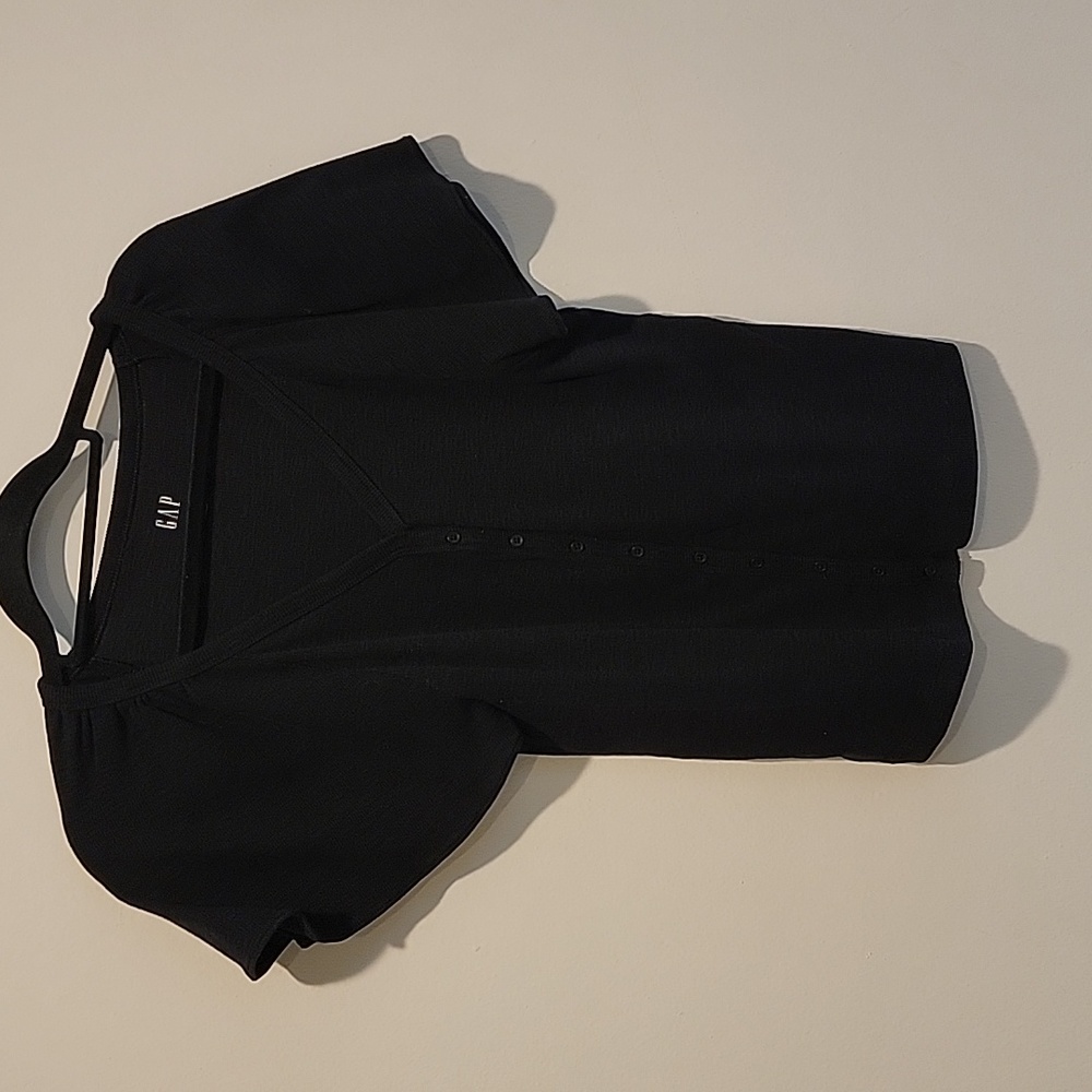 GAP Black Ribbed Button Front Flutter Sleeve Blouse Top Women's Medium Tall